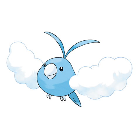 Swablu, a small round blue bird Pokémon with fluffy white cloud-like wings